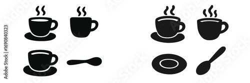 Collection of black silhouette icons for hot beverages like coffee and tea, featuring cups, mugs, steam, saucers, and spoons isolated on white