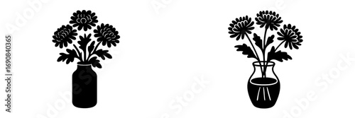 Black silhouette icon set of chrysanthemum flower bouquets in decorative vases isolated on a white background