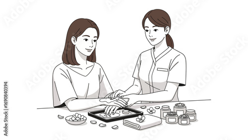 Illustration of a doctor or therapist carefully examining a patient s hands with various small medical items and bottles laid out on a table