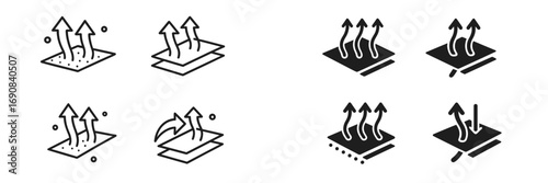 Symbols for breathable fabric technology showing moisture wicking, airflow properties, and layered material for performance clothing and textiles