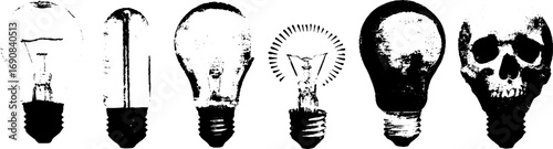 Grunge black and white lightbulb and skull set for urban art and design