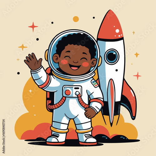 A playful depiction of a cute astronaut wearing oversized goggles, floating inside the rocket while playing with a small Martian toy, as the planet approaches through the cockpit window.