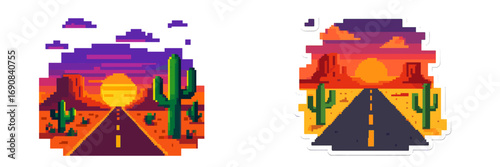 Pixel art desert landscape with a long road leading to the horizon, saguaro cactus, and buttes at sunset in a retro 8-bit video game style