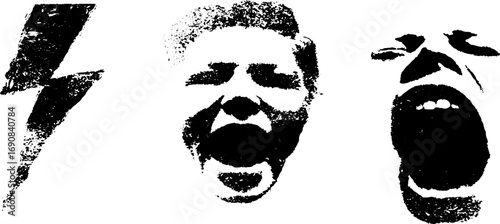 Grunge black and white lightning and expressive faces illustration for urban designs