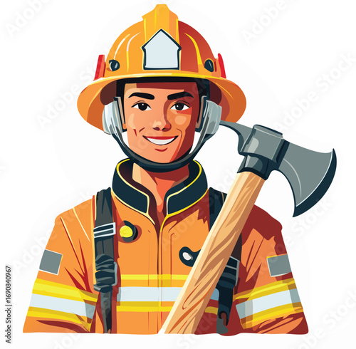 Smiling firefighter in protective gear holding an axe, portrait illustration.