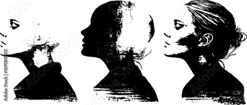 Grunge black and white silhouette profiles of women for urban art and design projects