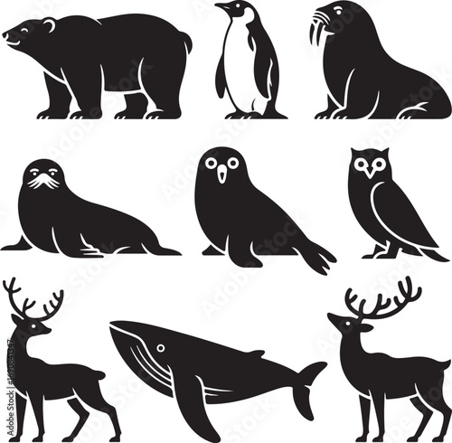 Collection of Arctic and Antarctic animal silhouettes on white background Keywords: polar bear