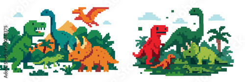 Pixel art dinosaur set with T-Rex, Brachiosaurus, and Triceratops in a prehistoric jungle landscape for retro 8-bit video games