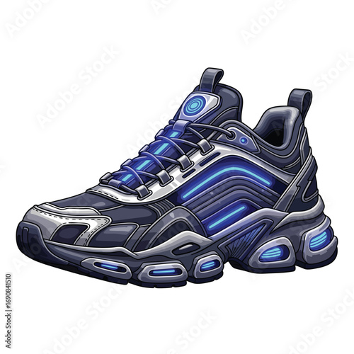 A futuristic blue and silver chunky sneaker with glowing LED light accents and a thick sole.