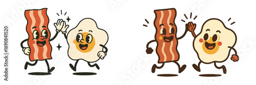 Retro cartoon bacon and egg characters giving a high five, a fun mascot concept for breakfast food friendship and teamwork