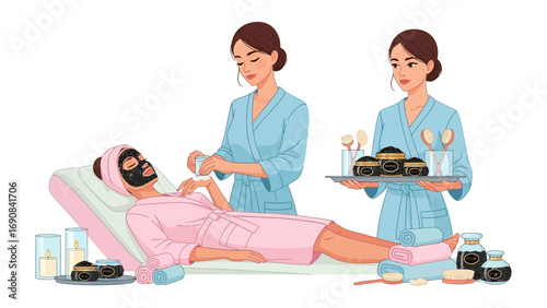 Relaxing spa treatment with a facial mask and refreshing drinks served by attentive attendants in a tranquil salon environment