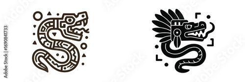 Traditional tribal style icon set of the Quetzalcoatl feathered serpent, an Aztec and Mayan god symbol from ancient Mexico mythology