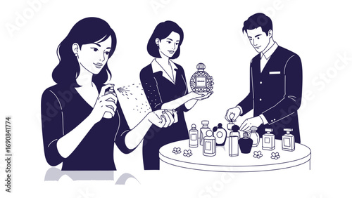 Three people examining and selecting various perfume bottles and products displayed on a round table in a retail setting