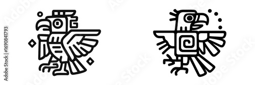 Set of Aztec bird symbols in a minimalist line art style, ancient Mayan eagle glyphs for ethnic tribal design, isolated Mesoamerican icons