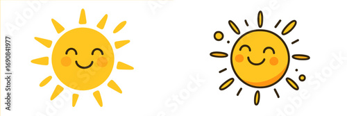 Set of two cute smiling sun characters in kawaii style, happy weather icon isolated on white background