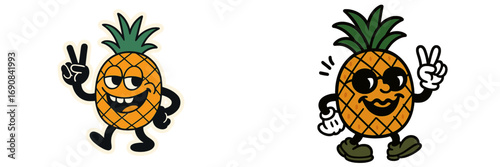 Two groovy retro cartoon pineapple characters with peace signs and sunglasses, a vintage fruit mascot design with happy expressions isolated on a white background