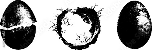 Black and white grunge liquid illustration set - cracked egg and liquid forms for creative design