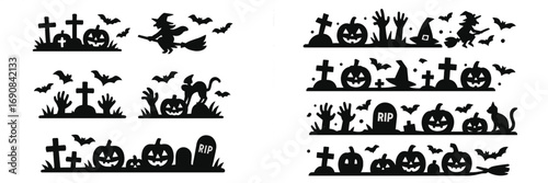 Halloween silhouette border collection with jack-o'-lanterns, cemetery gravestones, flying bats, and a witch on a broomstick