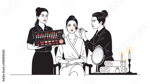 Elegant japanese women applying makeup with a professional makeup kit and mirror in a traditional setting artistic sketch