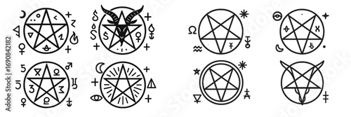 Esoteric collection of occult pentagrams and satanic symbols featuring Baphomet, alchemical signs, and magical icons in a black and white line art style