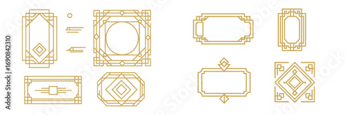 Set of Art Deco frames and borders with elegant gold line art for vintage design projects, featuring geometric patterns and classic 1920s style elements