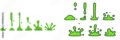 Green slime animation sprite sheet with dripping and splashing effects for cartoon or game design isolated on a white background