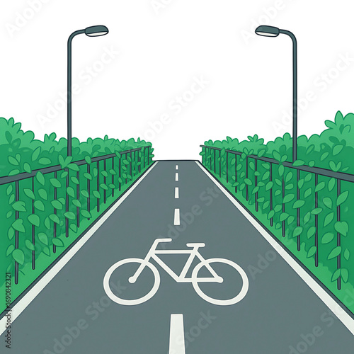 Scenic bike lane with a bicycle symbol on the pavement, flanked by green hedges, representing a path to a healthier and eco-conscious future