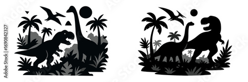 Set of two black and white dinosaur silhouettes in a prehistoric jungle landscape with Tyrannosaurus Rex, Brachiosaurus, and Pterodactyl among palm trees and tropical plants