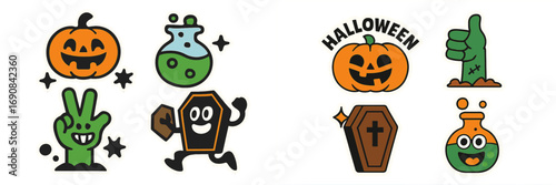 Cute Halloween sticker set featuring cartoon characters like a jack-o'-lantern pumpkin, a spooky zombie hand, and a running coffin