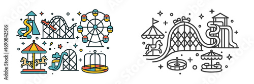 Amusement park icon set with roller coaster, ferris wheel, and carousel rides in color and line art styles