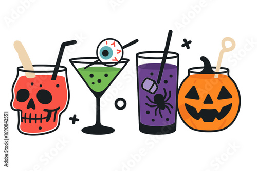 Set of spooky Halloween cocktails with skull, pumpkin, eyeball, and spider garnishes on a white background