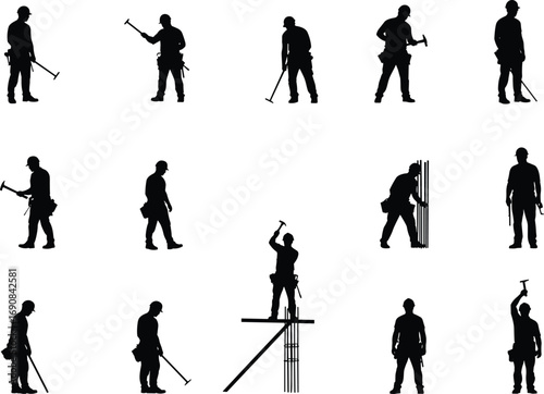 Silhouette set of construction workers using hammer tool building site labor men working rebar scaffolding industry occupation manual job concept