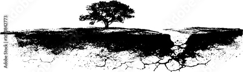 Grunge black and white landscape with solitary tree and cracked earth - design for prints and posters
