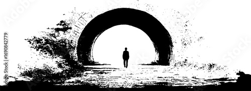 Grunge black and white silhouette of a lonely person in an urban tunnel scene