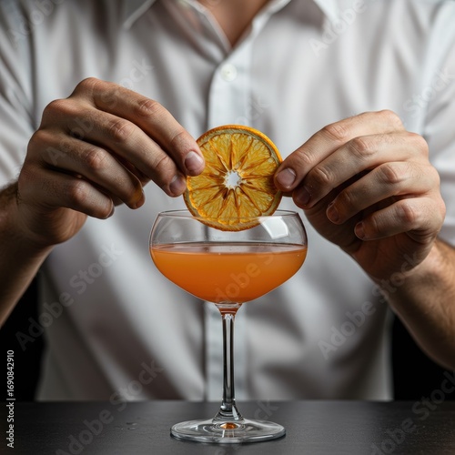 Close Up of Hands Delicately Placing a Dried Orange Slice on a Glass of Amber Cocktail on a Dark Background