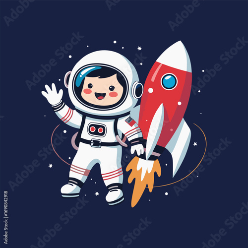 A whimsical illustration of a cute astronaut with a beaming smile, sitting in a colorful rocket decorated with stars, as they prepare for takeoff, with a backdrop of swirling galaxies and planets.