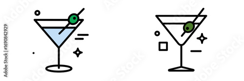 Minimalist line art martini glass icon set with olive garnish for bar menus and party invitations, representing alcoholic beverage concepts