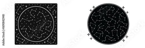 Black and white celestial map with zodiac constellations and stars on a dark background for astrology and astronomy