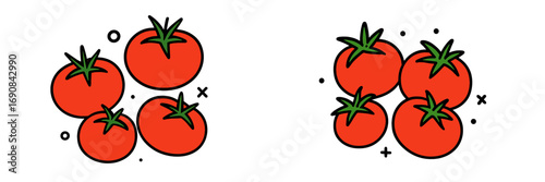 Two sets of red tomato icons with green stems on a white background, healthy vegetable food concept for graphic design