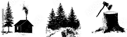 Grunge black and white woodland scenes with cabin, trees, and axe