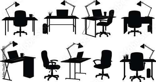 Office, desk, workspace, silhouettes, chair, lamp, laptop, coffee, mug, books, plant, ergonomic, furniture, modern, minimal, work, home, business, interior, design