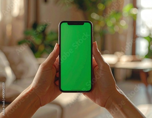 Close-up of a person's hands holding a modern smartphone with a blank green screen, set against a blurred, warm living room background.
