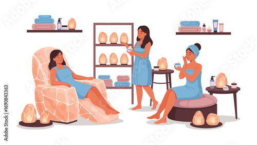 Relaxing spa day with women receiving treatments and enjoying skincare products in a serene wellness center environment