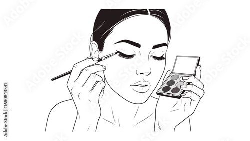 Close up line art illustration of a young woman applying eyeshadow with a brush from a compact palette focusing on her eye makeup