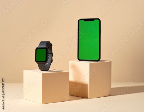A modern smartphone and smartwatch with green screens for mockups, displayed on beige pedestals.