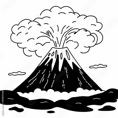 Illustration of an erupting volcano with smoke and lava in black and white outline style drawing design
