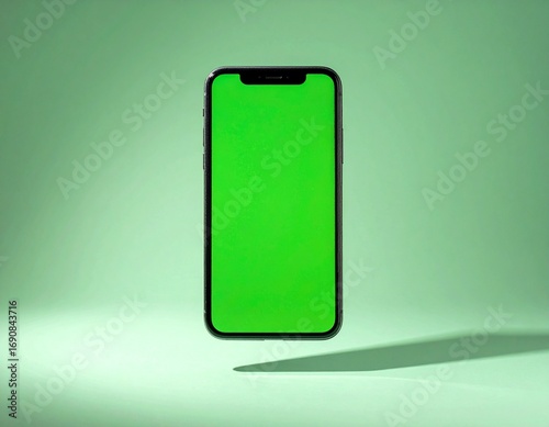 Modern smartphone with a blank green screen for mockups, levitating over a surface against a matching green studio background.