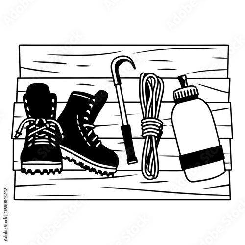 Illustration of hiking boots, walking stick, rope, and water bottle on a wooden surface design