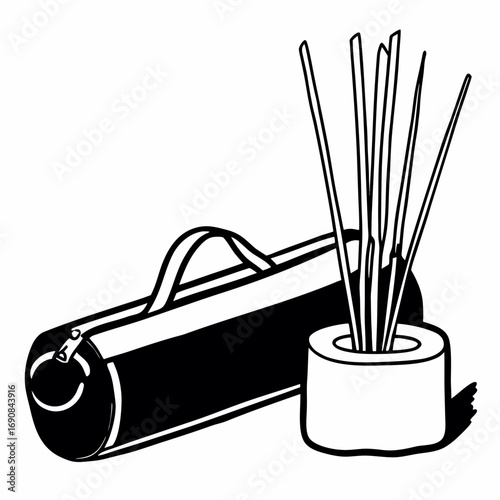 A duffel bag with handles lies next to a holder filled with several thin sticks on a white background