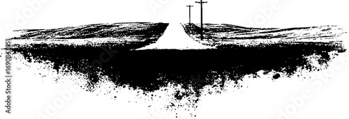 Black and white grunge landscape illustration with road and poles - urban artistic design for posters